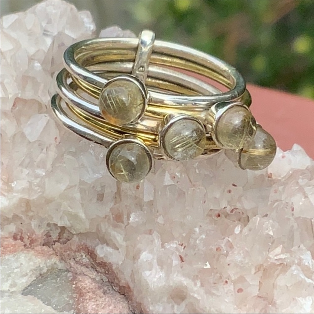TWO TONE GOLDEN RUTILE 925 STERLING SILVER, SIZE 7